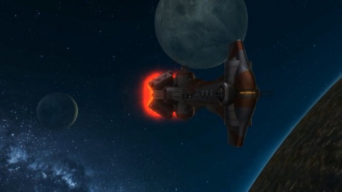 Spaceship with glowing engines in orbit