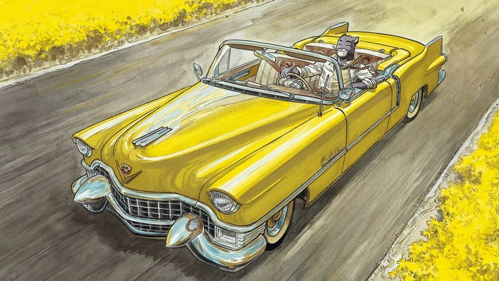 John Blacksad driving a yellow Cadillac convertible