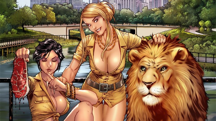 Two women and a lion in a park
