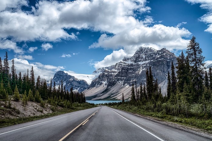 Scenic mountain road with lake and pine trees