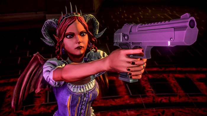 Demon woman with horns and wings holding a gun
