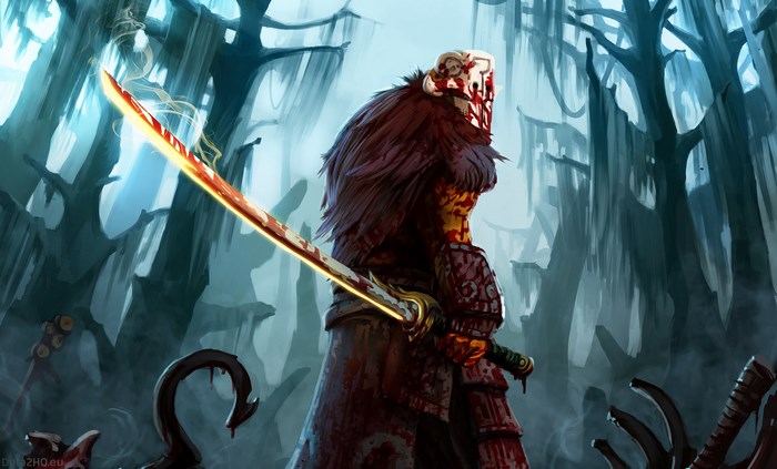 Bloody Warrior with Katana in Swamp Forest
