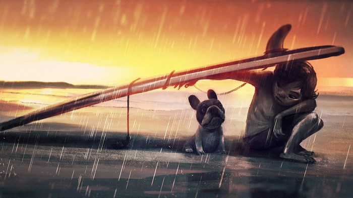 Surfer and dog under surfboard in rain