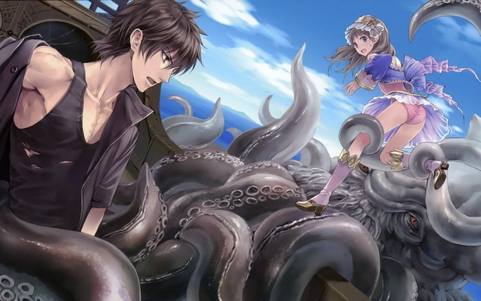 Girl and Man fighting Kraken from Atelier Totori