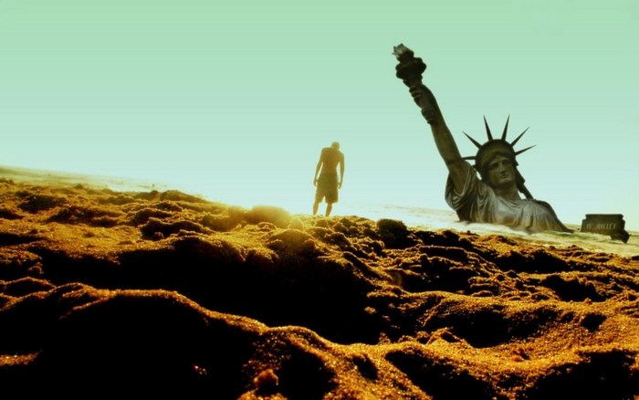 Statue of Liberty submerged, man on beach