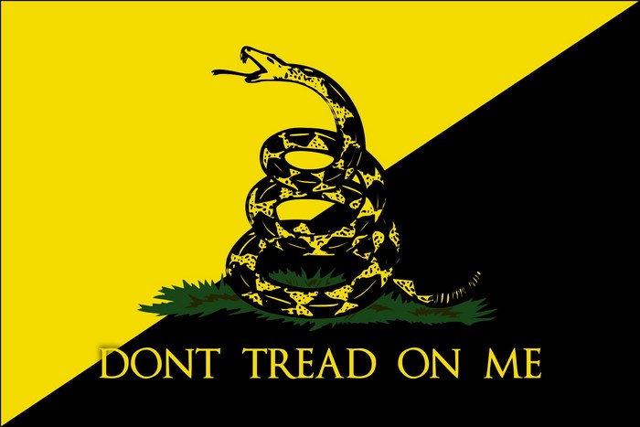 Gadsden flag with coiled snake and "Don't Tread on Me"