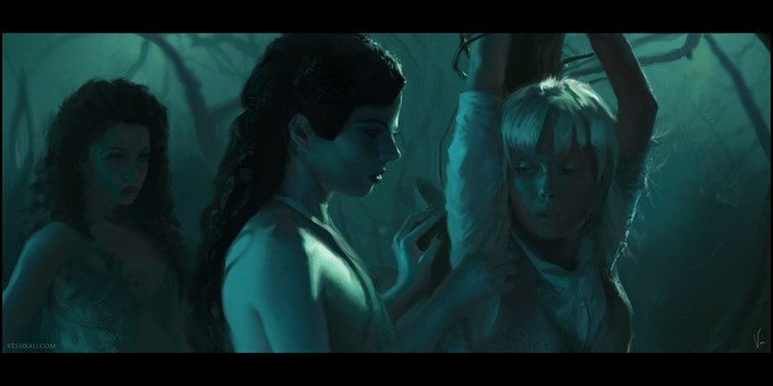 Three women in a dark, mystical forest