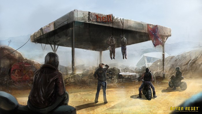 After Reset post-apocalyptic gas station with hanged bodies