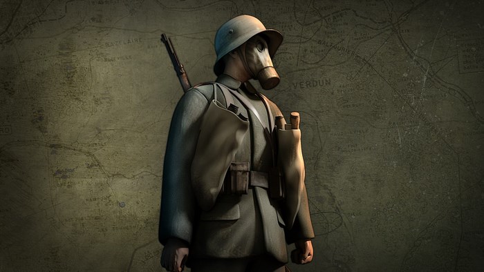Soldier in gas mask and uniform with rifle