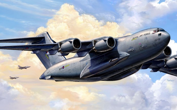 Royal Air Force Boeing C-17 Globemaster III with fighter jets