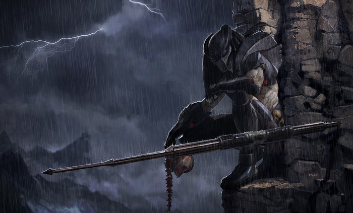 Predator holding a spear with a skull in the rain