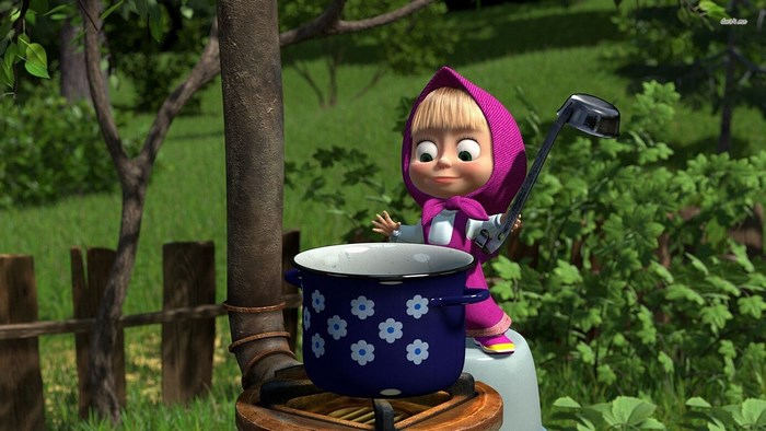 Masha from Masha and the Bear cooking outdoors