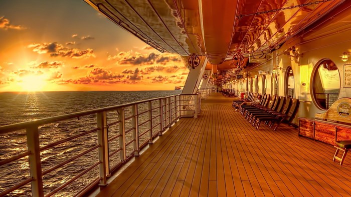 Cruise ship deck at sunset