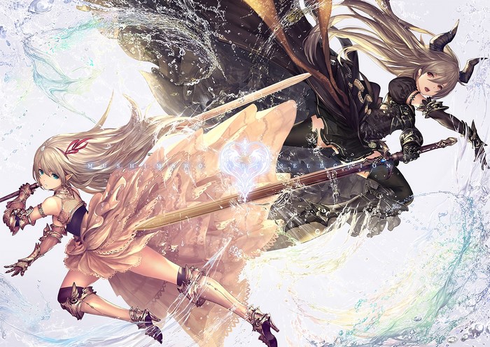 Two anime girls with swords and water effects