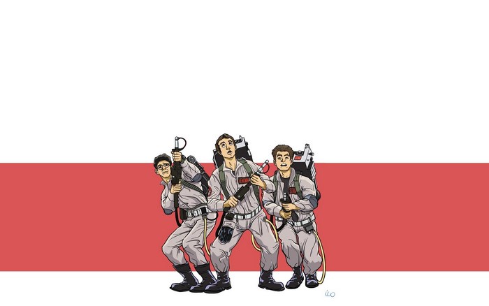 Ghostbusters characters in uniform with proton packs