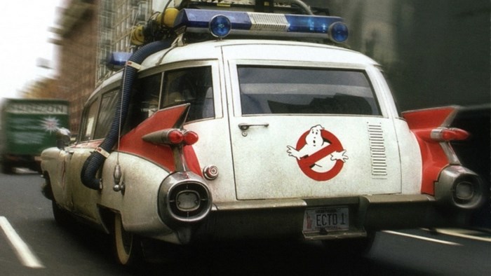 Ecto-1 from Ghostbusters driving on a street
