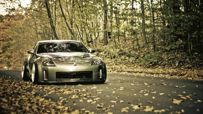 Nissan 350Z on a leaf-covered road