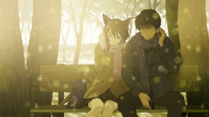 Anime couple listening to music on a bench