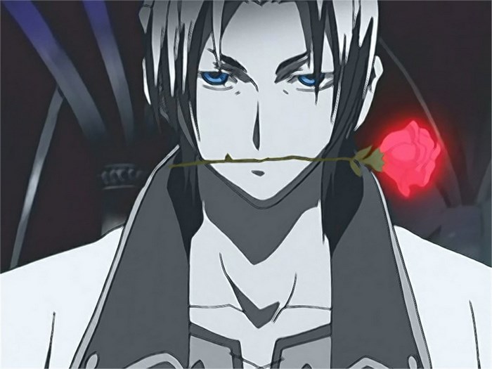 Anime man with blue eyes holding a red rose