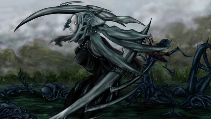 Dark fantasy creature with scythes in a desolate landscape