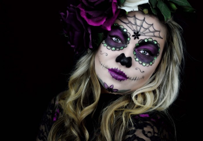 Colorful Sugar Skull Face Paint with Floral Crown
