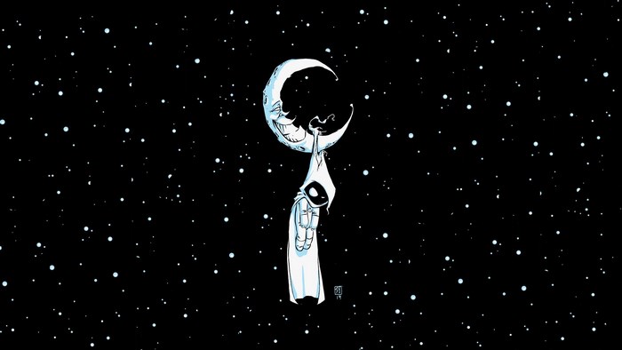 Moon Knight hanging from a crescent moon in space