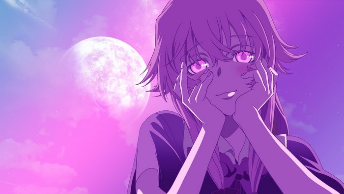 Yuno Gasai from Mirai Nikki in a purple sky