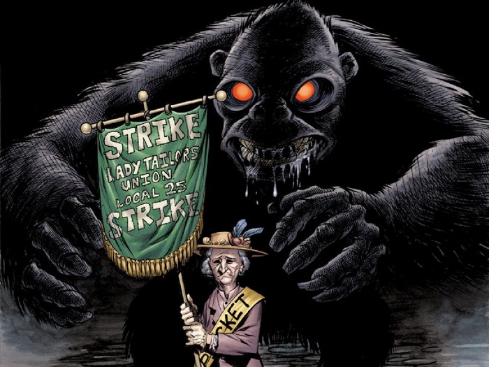 The Goon holding a strike banner with an old woman