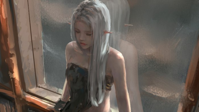 Elf girl with white hair looking down