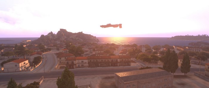 Arma 3 aerial view of coastal town at sunset
