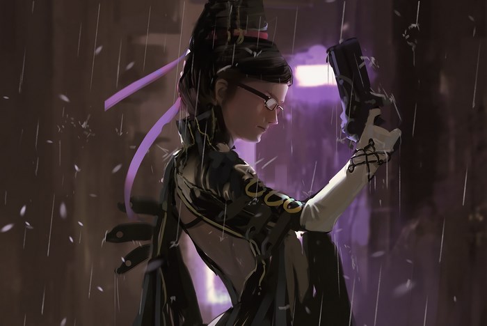 Bayonetta in the rain with guns