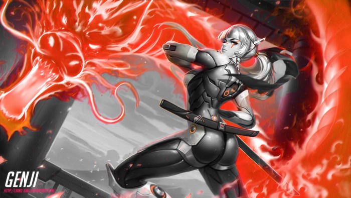 Genji from Overwatch with a red dragon