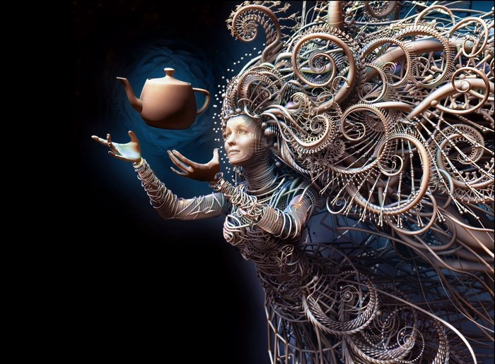 3D fractal art of a woman with a teapot