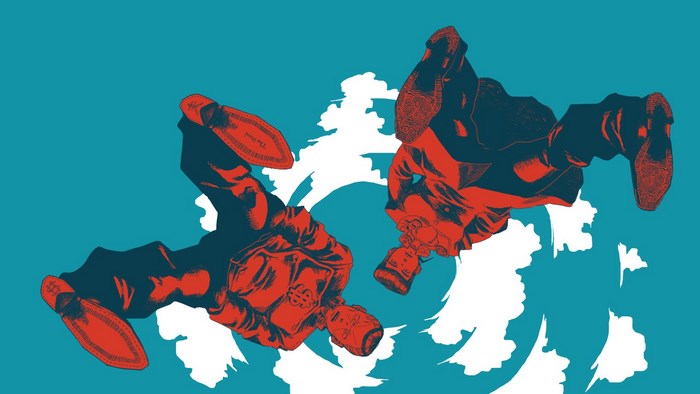 Two men falling with abstract shapes