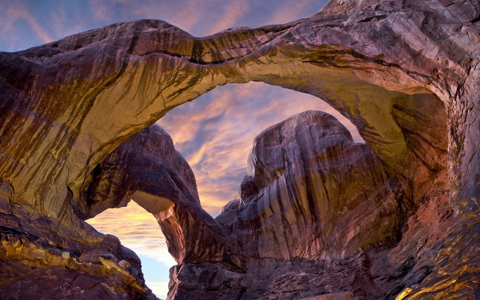 Double Arch rock formation at sunset