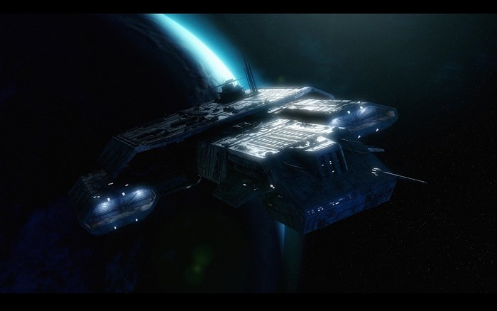 Stargate SG-1 spaceship near a planet