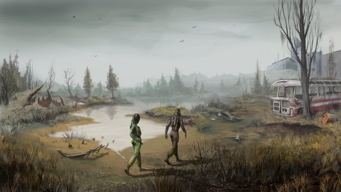Two figures walk through a post-apocalyptic landscape