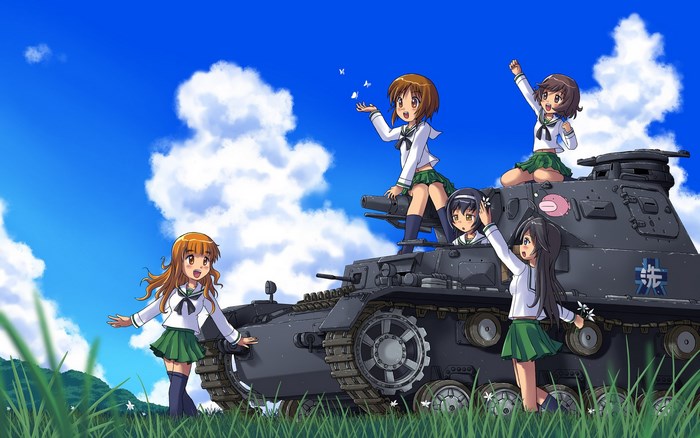 Girls und Panzer characters on a tank