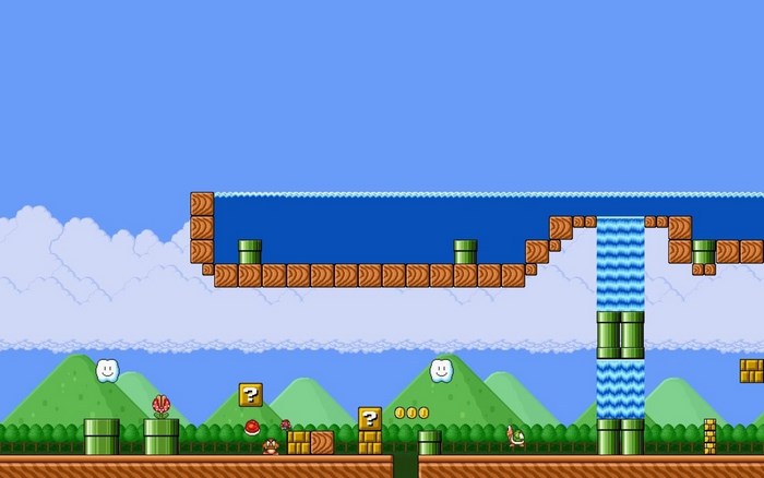 Super Mario Bros. level with water and waterfall