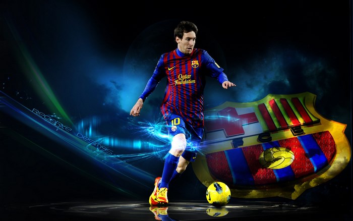 Lionel Messi playing soccer with FC Barcelona logo