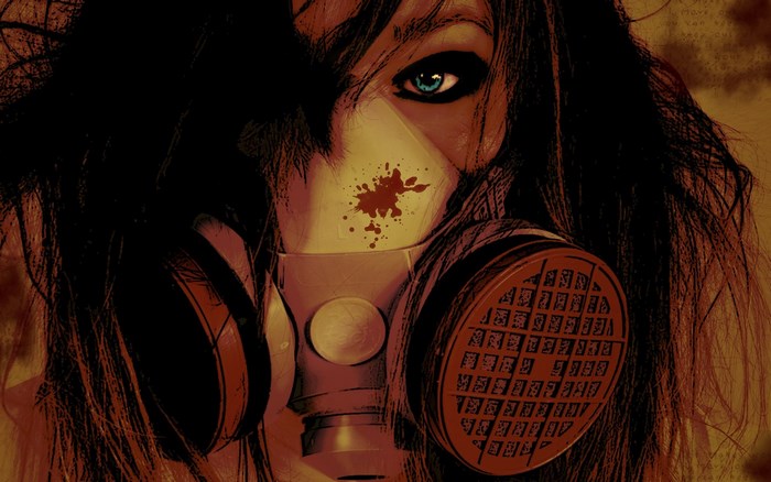 Woman wearing a gas mask with blood splatter