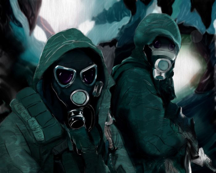 Two figures in gas masks and hoods