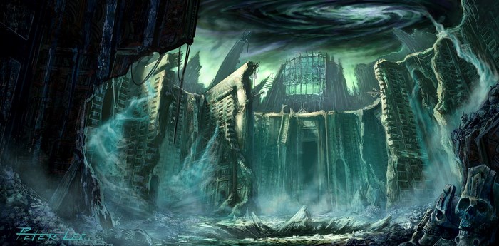 Ruined city with a dark vortex in the sky