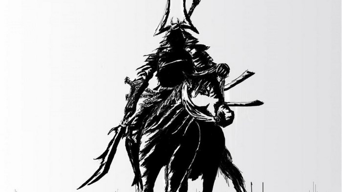 Samurai warrior on horseback, ink wash style