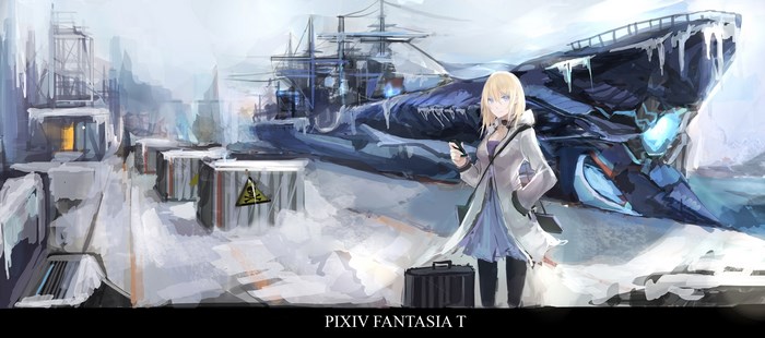 Girl with suitcase in a snowy industrial area with a large ship