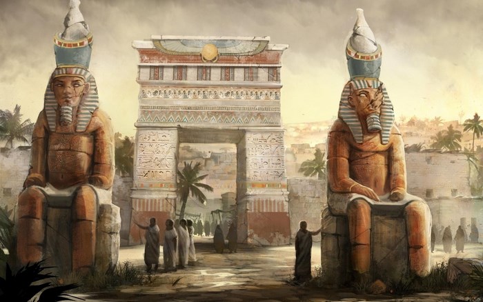Ancient Egyptian Statues and Gate Scene
