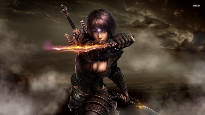 Warrior woman with glowing sword and armor