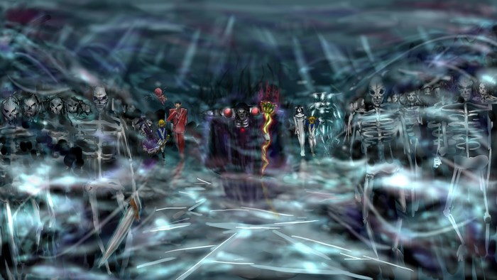 Overlord characters in a dark, ethereal setting