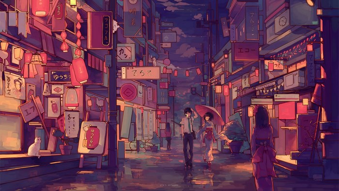 Evening Stroll in Neon-Lit City Streets