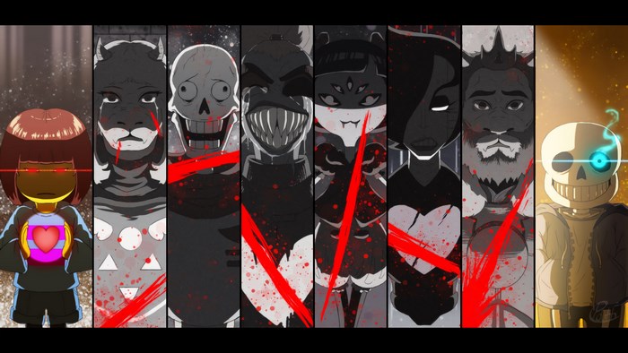 Undertale characters with red slashes